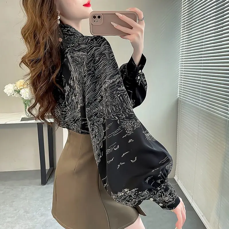 Fashionable Loose Lantern Sleeve Shirt New Women\'s Long Sleeved Printed Shirt for Spring and Autumn Wear Temperament Chiffon Top