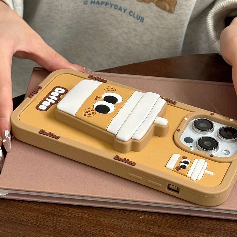 Funny 3D Coffee Cup Folding Holder Stand Case For iPhone 16 Pro Max 17 15 14 13 12 11 Soft Silicone Bracket Back Cover