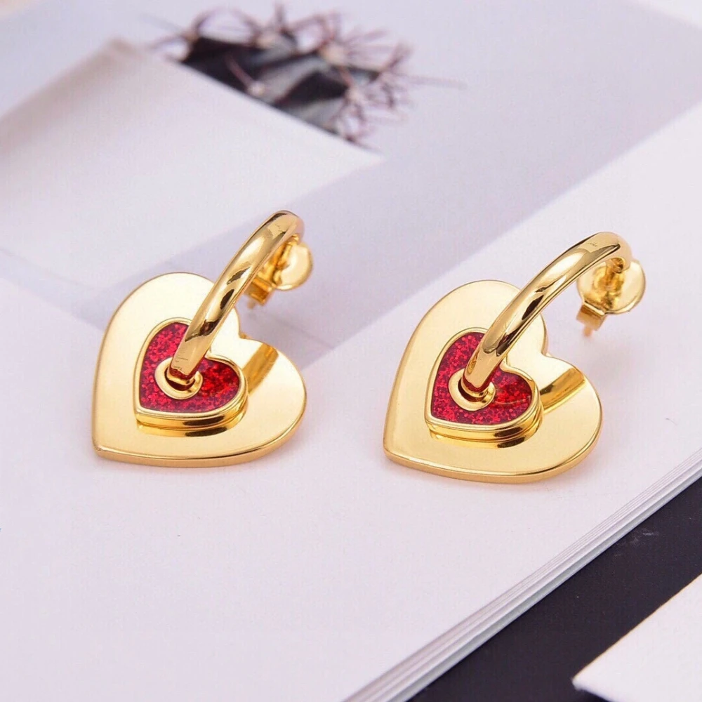 

French Retro Heart-Shaped Drop Glazed Red Earrings Separate Design Sweet Trend Temperament Jewelry