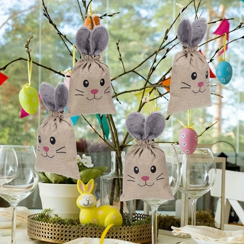 

5PCS Easter Burlap Candy Bags Bunny Pattern Jute Linen Treat Gift Bags for Easter Party Cookies Snack Pack Bags