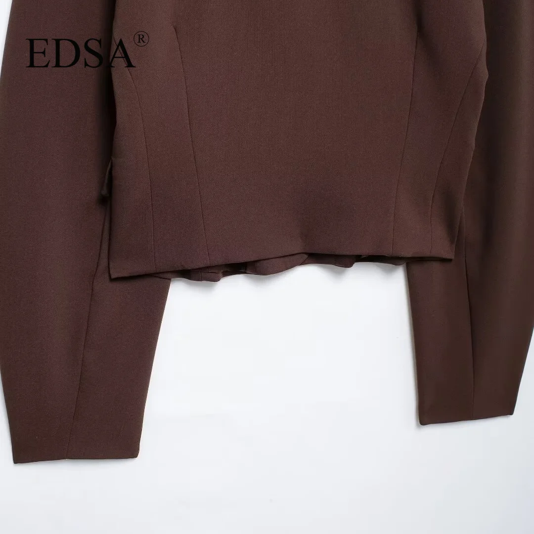 EDSA Women Balloon Blazer Brown Single Breasted Round Neck Long Sleeves Drop-shoulder Cropped Jacket for Office Lady Coat