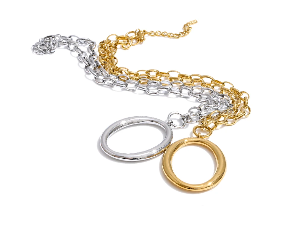 Yhpup Edelstahl-Halskette mit rundem, hohlem, geometrischem Anhänger, Gold-Platin-PVD-beschichtet, stilvoller, unverwechselbarer Schmuck, wasserdicht – Detail 2