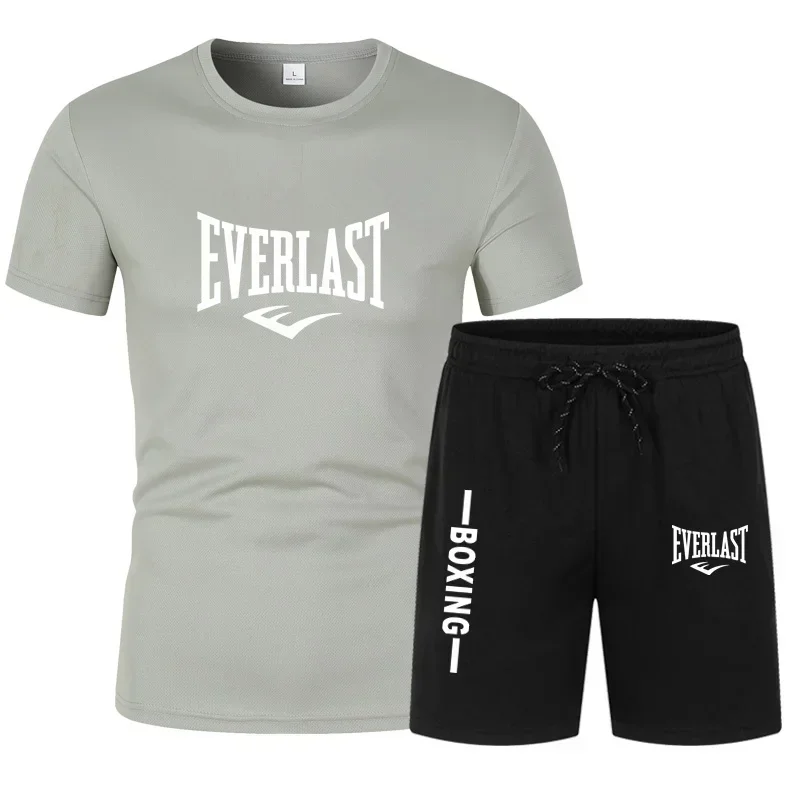 Summer T shirt Set For Men EVERLAST Print Men's T-shirt Short Sleeve+Shorts 2-Piece Set Oversized Casual Beach Sport Man Suit