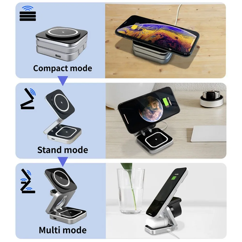 Foldable Magnetic Wireless Charger Stand For iPhone 15 14 13 Samsung 3 in 1 Fast Charging Dock Station For Apple Watch 8 Airpods