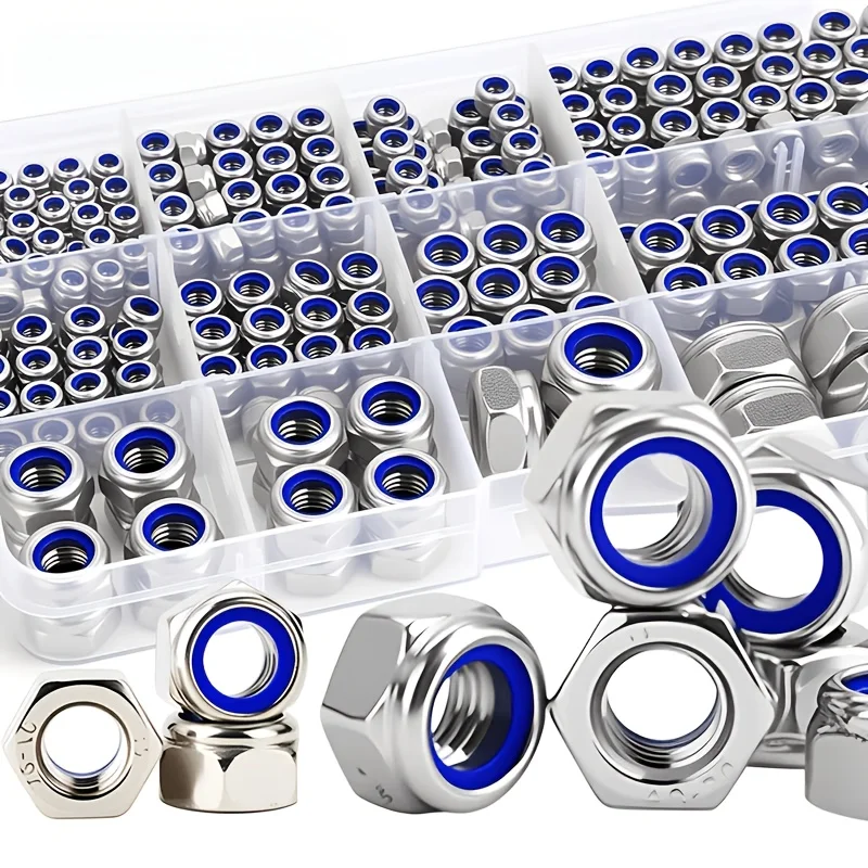 220pcs Metric Stainless Steel Nylon Insert Lock Nuts Kit M3 M4 M5 M6 M8 M10 M12, DIN985 Hex Lock Nuts with Washers, Polished Ant