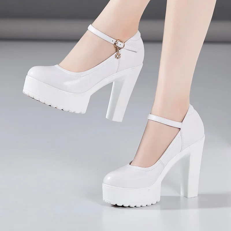 Small Size 32-43 Office Model Shallow Genuine Leather Shoe Woman Block High Heels Platform Pumps 2024 Silver Wedding Shoes Bride