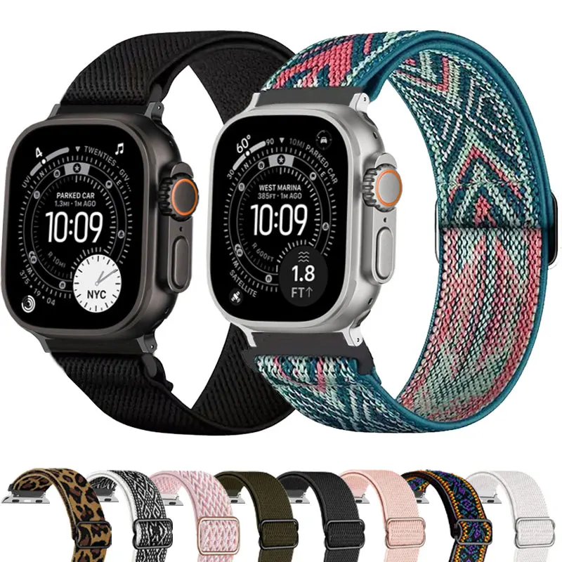 Stretch-Nylonarmband für Apple Watch Band 46 mm, 42 mm, schwarz/silberfarben, Verbindungsarmband, iWatch Ultra 49 mm, 41, 45 mm, Uhrenarmband 38, 40, 44 mm