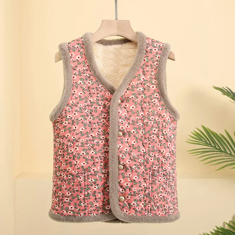 Casual Autumn and Winter Clothing for Women Short Vest with Fleece and Warm Floral Cotton Jacket, Fashionable Floral Cotton Vest