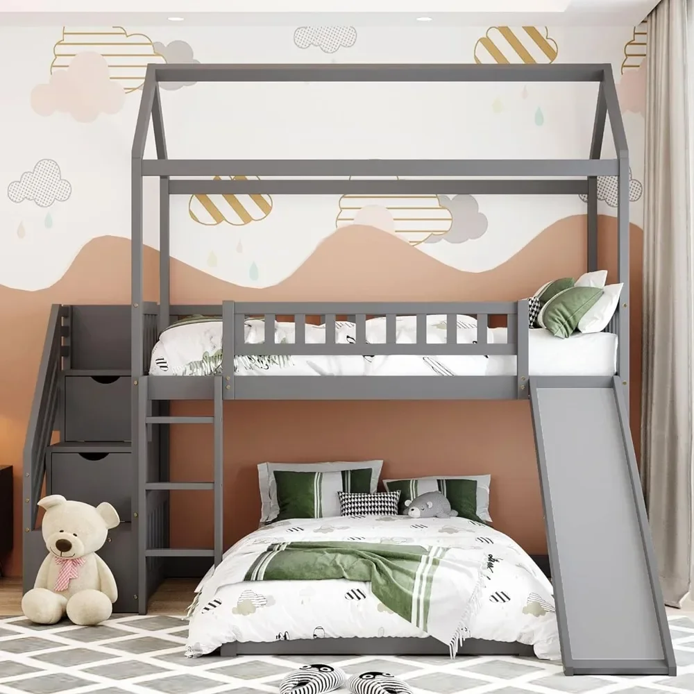 Bunk Beds with Slide Wood Twin Bunk Bed with Stairs for Kids, House Bunk with Roof for Boys or Girls, Beds Muebles De Dormitorio