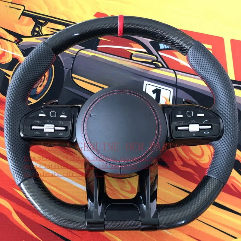 For Mercedes-Benz Full Series Upper Lower Carbon Fiber Left Right Black Perforated Leather Red Logo Red Stitch Gloss Black Steer