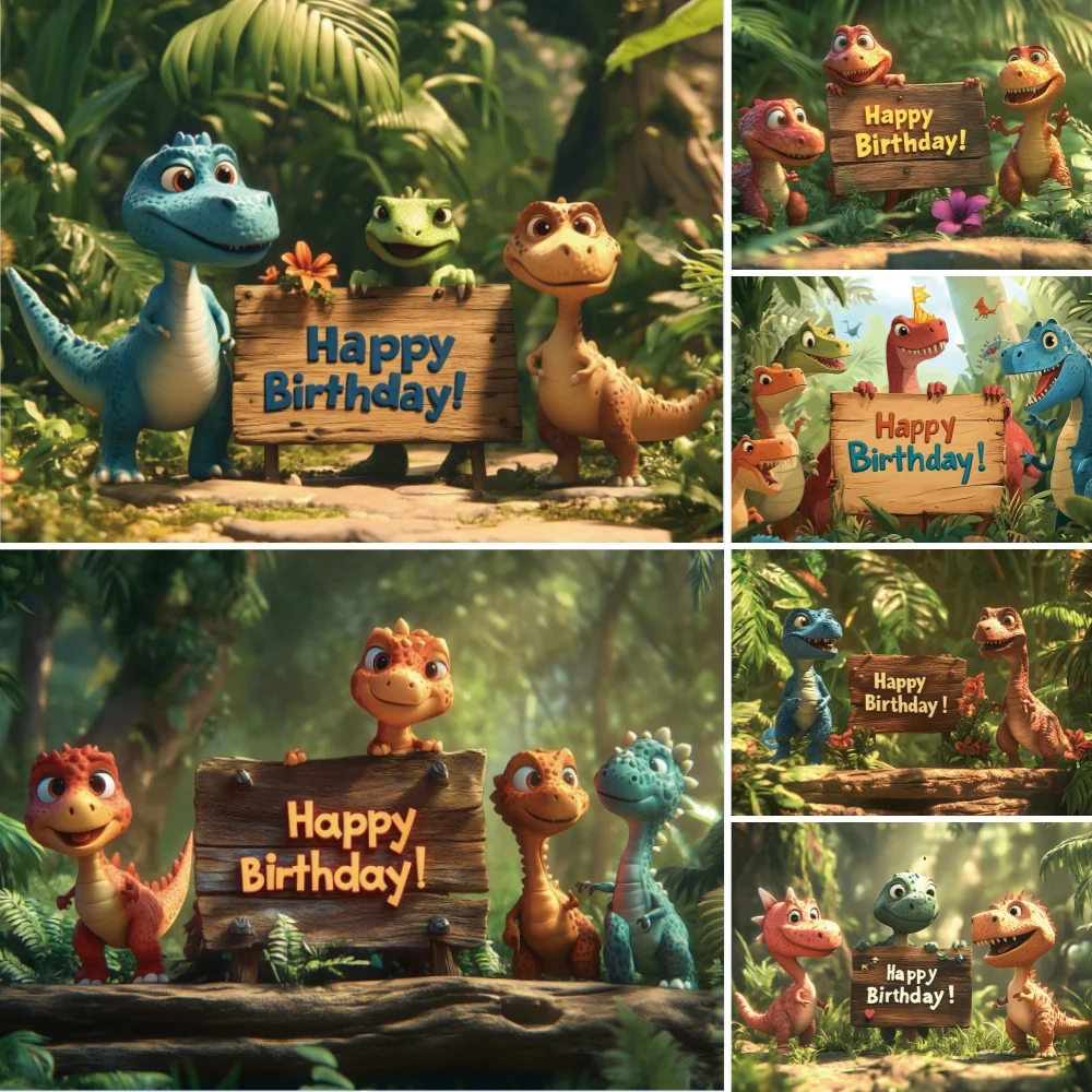 Yeele Photography Backdrop Cartoon Dinosaur World Theme Happy Birthday Jungle Safari Children Birthday Party Decor Banner Props