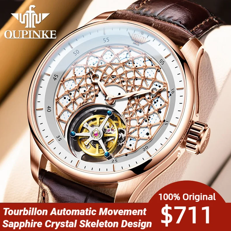 

OUPINKE Tourbillon Wristwatch Automatic Men Watches Skeleton Design Sapphire Mirror Original Leather Strap Watch for Man Luxury