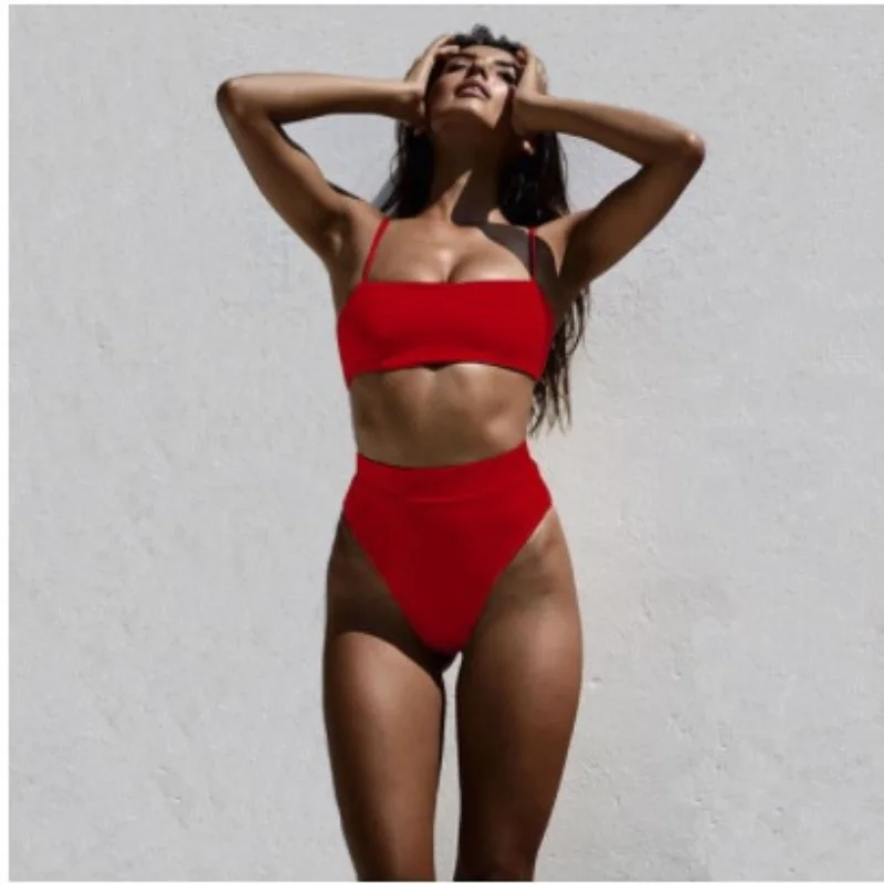 Damskie bikini wysokiej talii Push Up brazylijski strój kąpielowy Biquini Maillot De Bain Femme wysoki elastyczny letni szybkoschnący strój kąpielowy