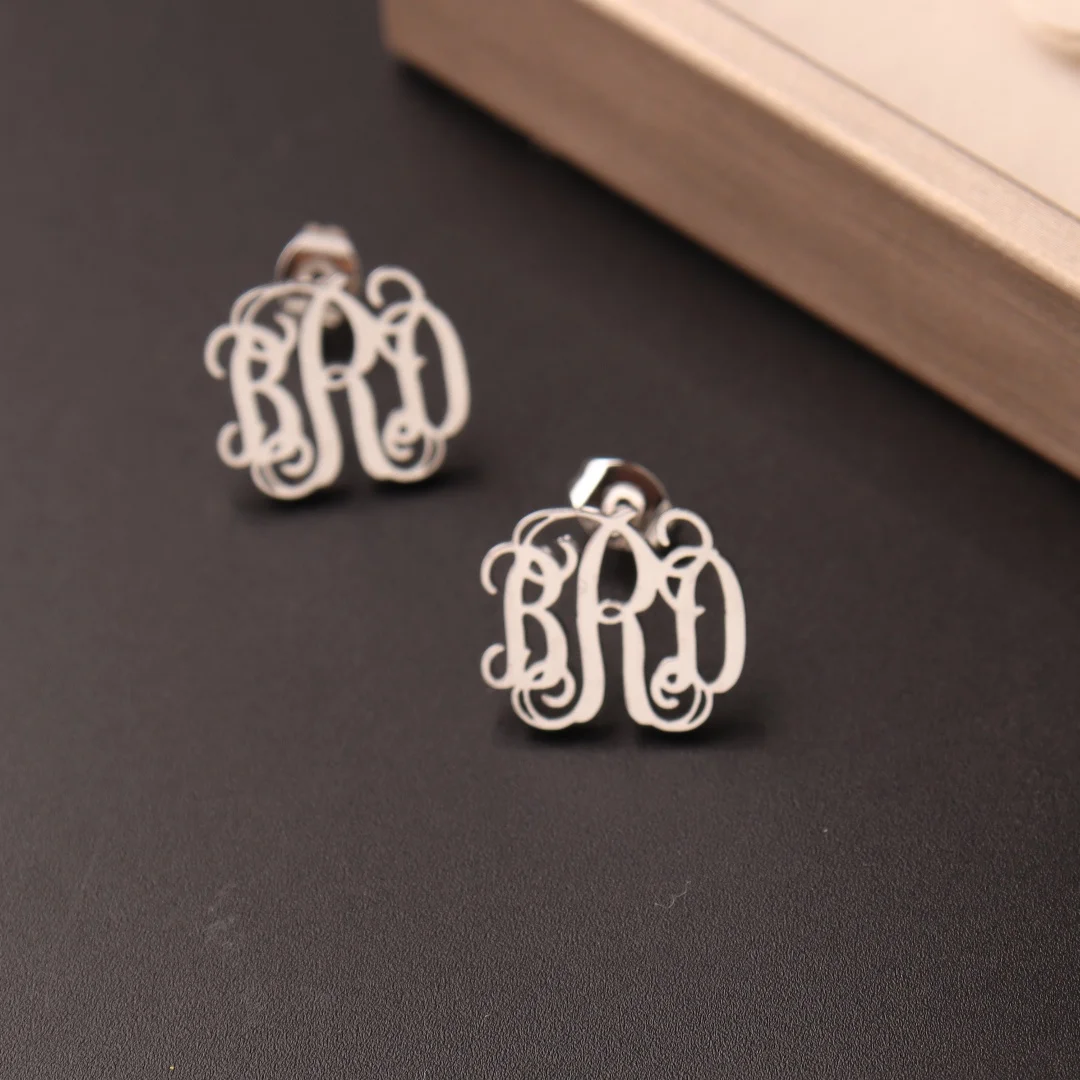 Custom Monogram Earrings Stainless Steel Personalized Three Initials Letters stud Earrings For Women Customized Gifts