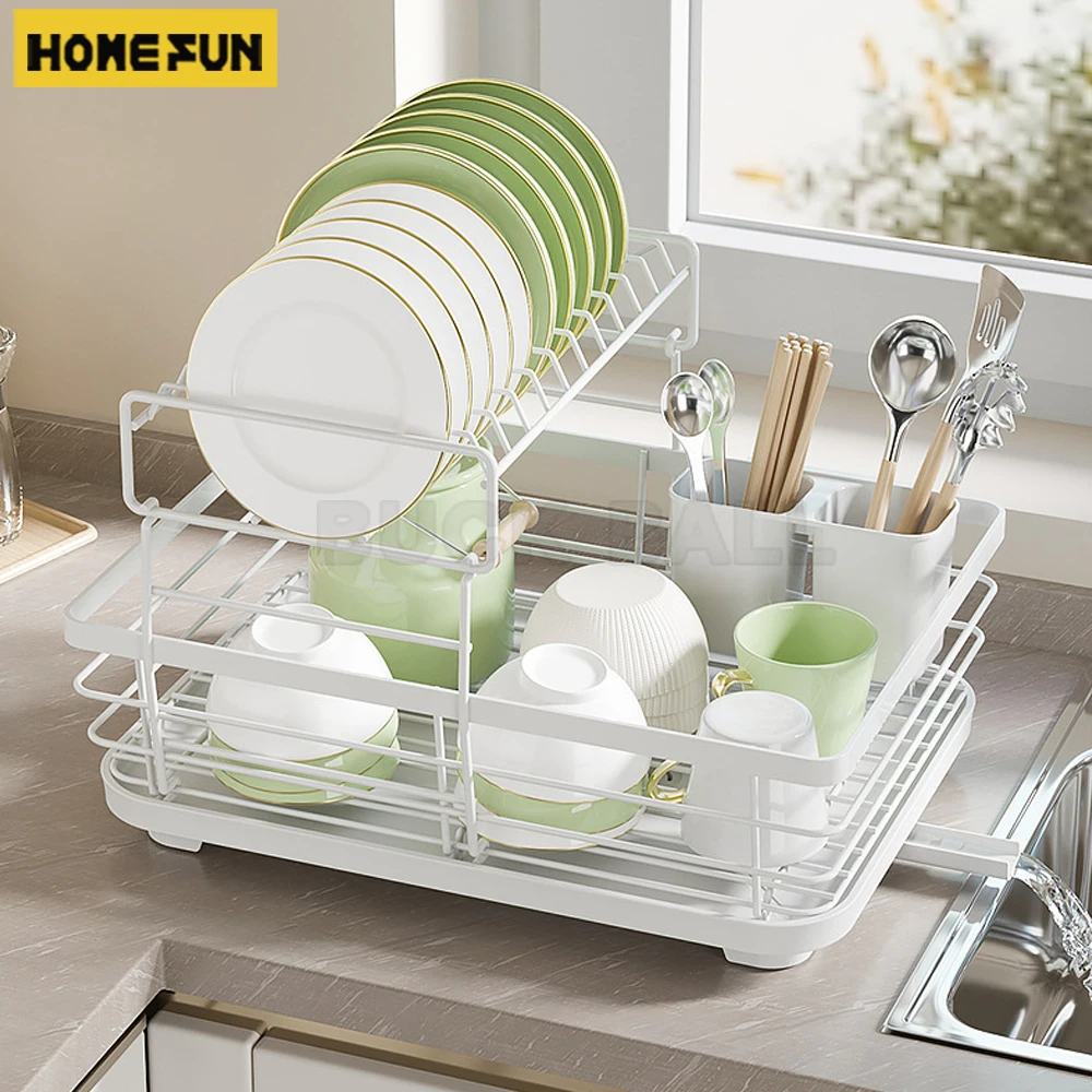 

Kitchen Dish Drying Rack 2 Tier Dish Bowl Drainer Storage Rack With Drain Basket Countertop Dinnerware Organizer Drainboard