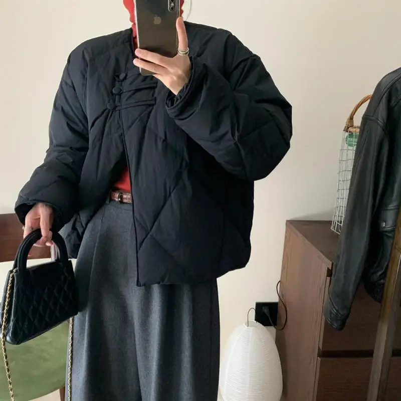 

Белое пуховое пальто-пуховик с пуговицами, свободного кроя, с круглым вырезом, женское зимнее пальто в стиле ретро, для повседневной носки, прямого кроя