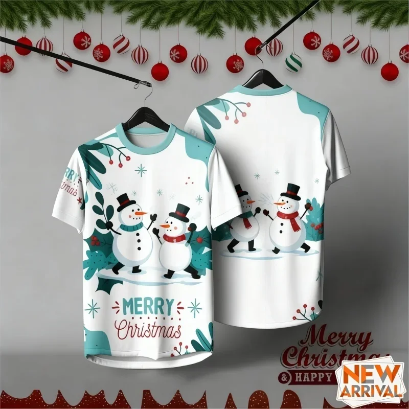 Men's and Women's Snowman Elf Christmas Tree Pattern 3D Printed T-shirt Casual Round Neck Top Short Sleeve Loose Breathable Top