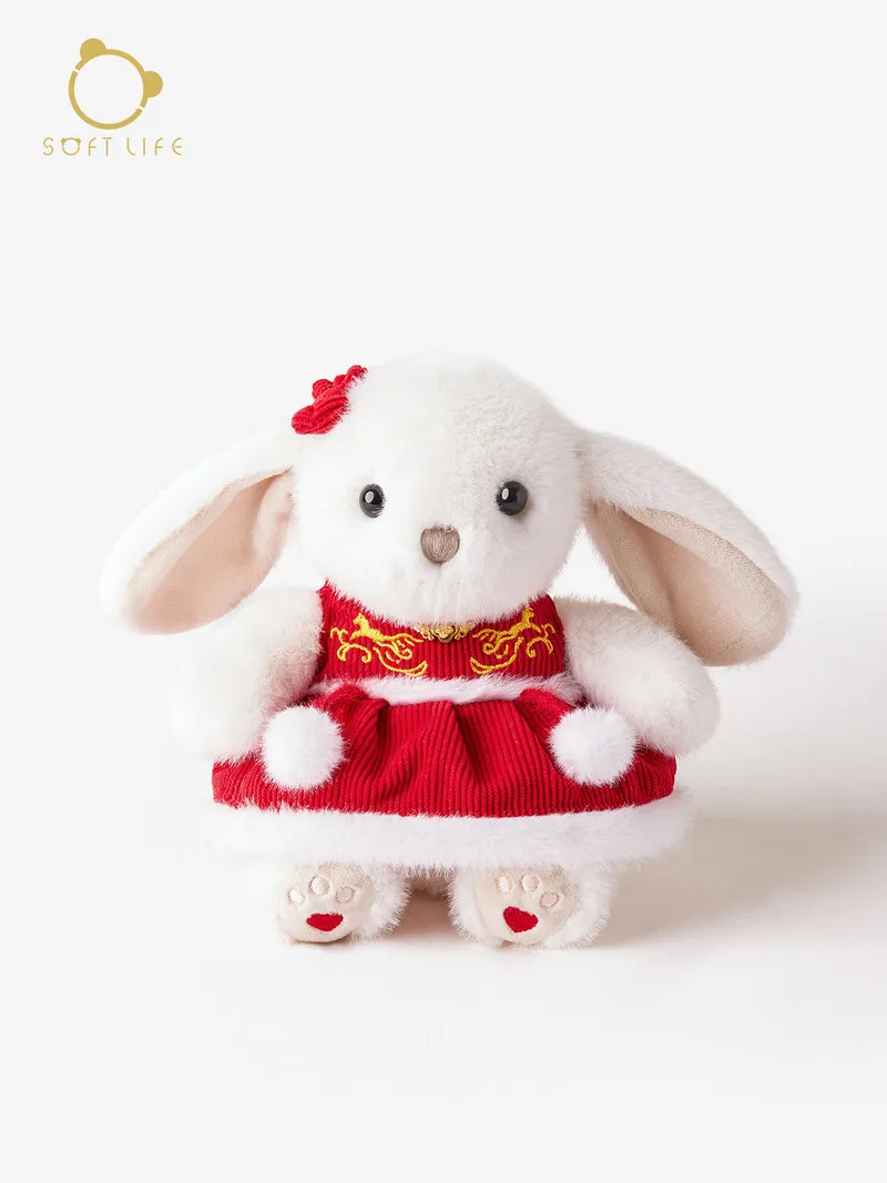

Плюшевая игрушка-кролик SOFTLIFE с длинными ушами в красном традиционном вышитом платье, мягкая кукла-обнимашка, подарок на Новый год для девочек