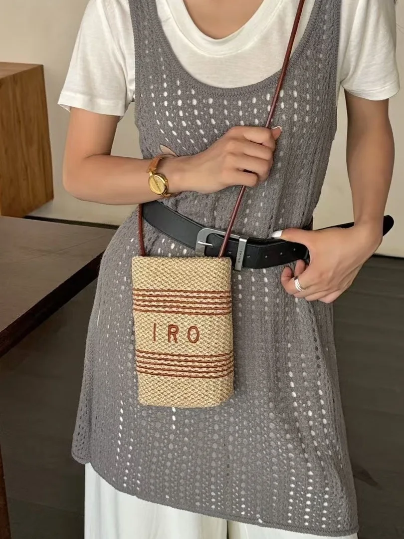 Casual Laffite Grass Woven  Bag Vintage Artistic Style Mobile Phone Bag Women's Crossbody Bag Small Size Fabric Exterior
