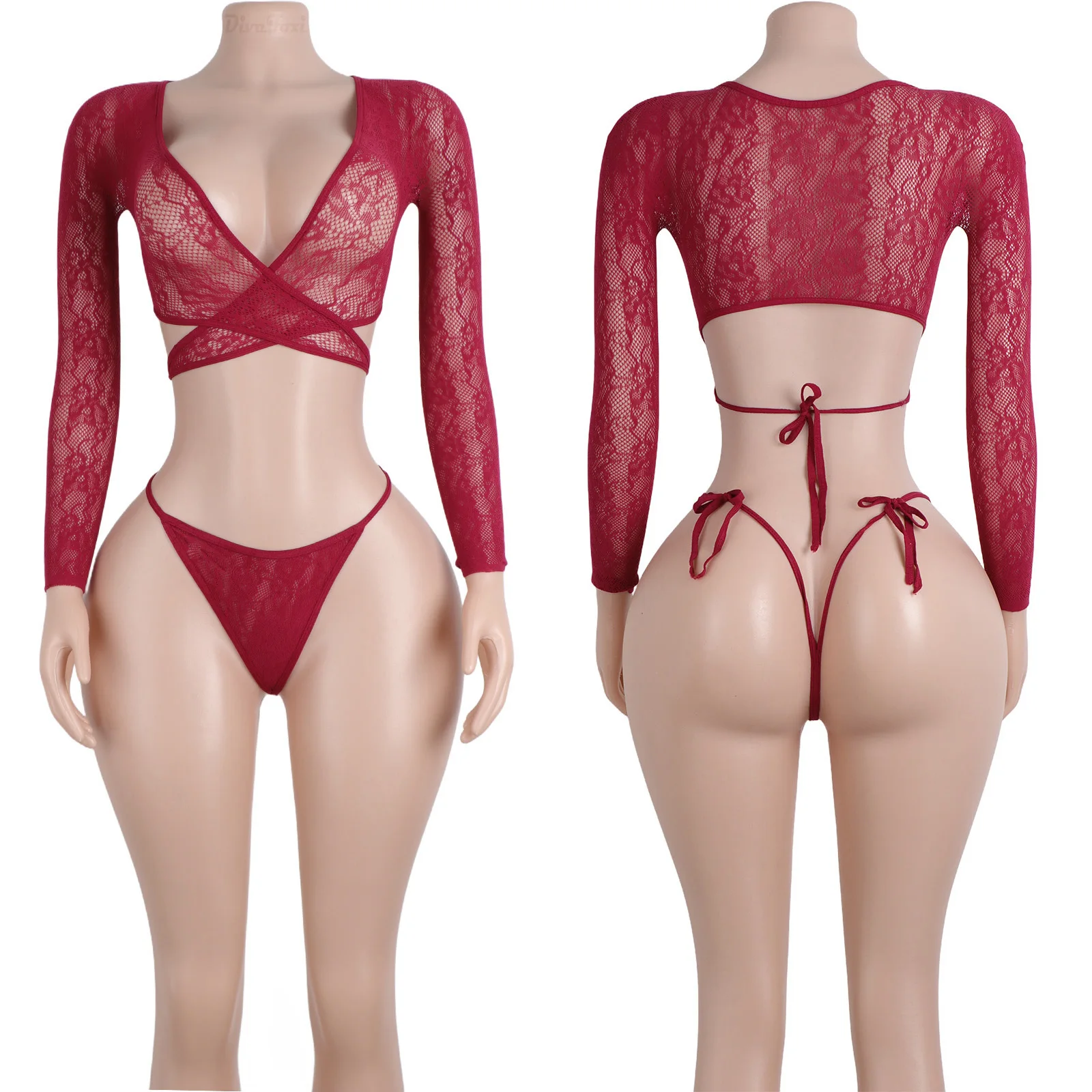 

Women Lace Bodysuit Exotic Dancewear Stripper Outfits Club Performance Lingerie with Fishnet Thong Shorts Straps for Stage Wear