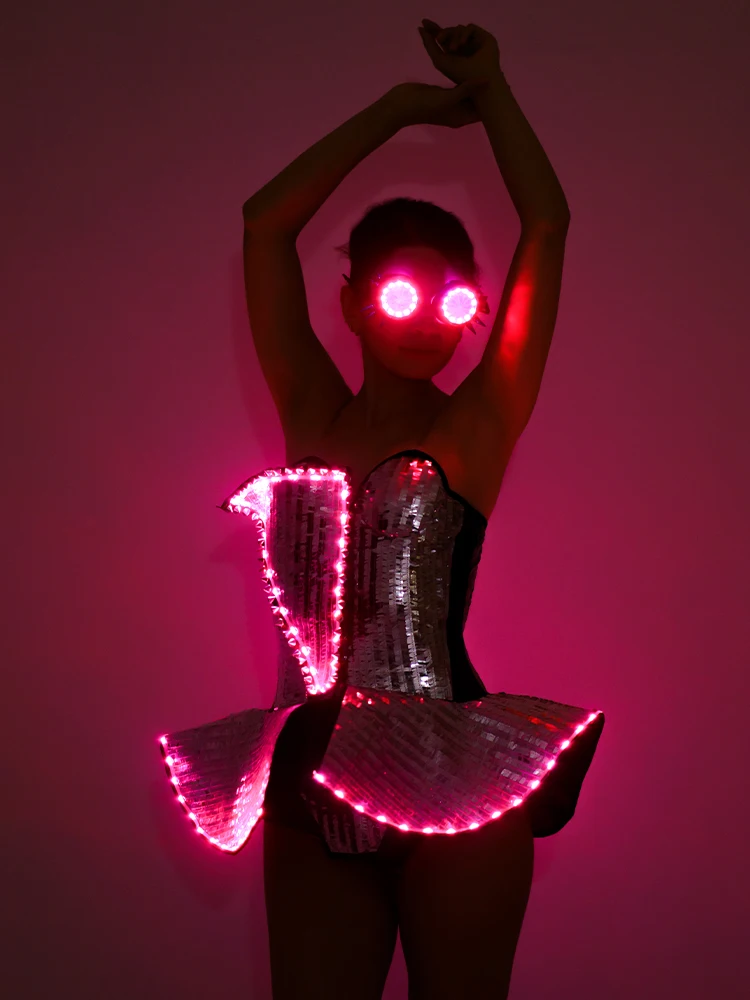 Dress kostum lampu LED wanita, pakaian panggung penyanyi DJ, Cosplay penari Gogo untuk perempuan