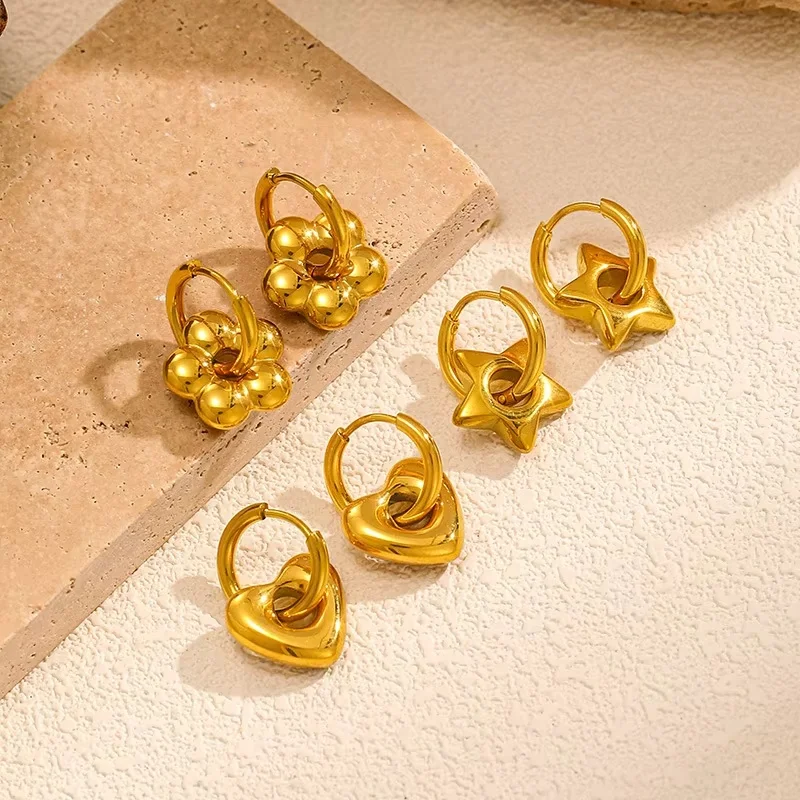 

Fashion Simple Gold Plated Heart-Shaped Drop Earrings Stainless Steel Flower Star Pendant Earrings For Daily Wearing Party Gifts