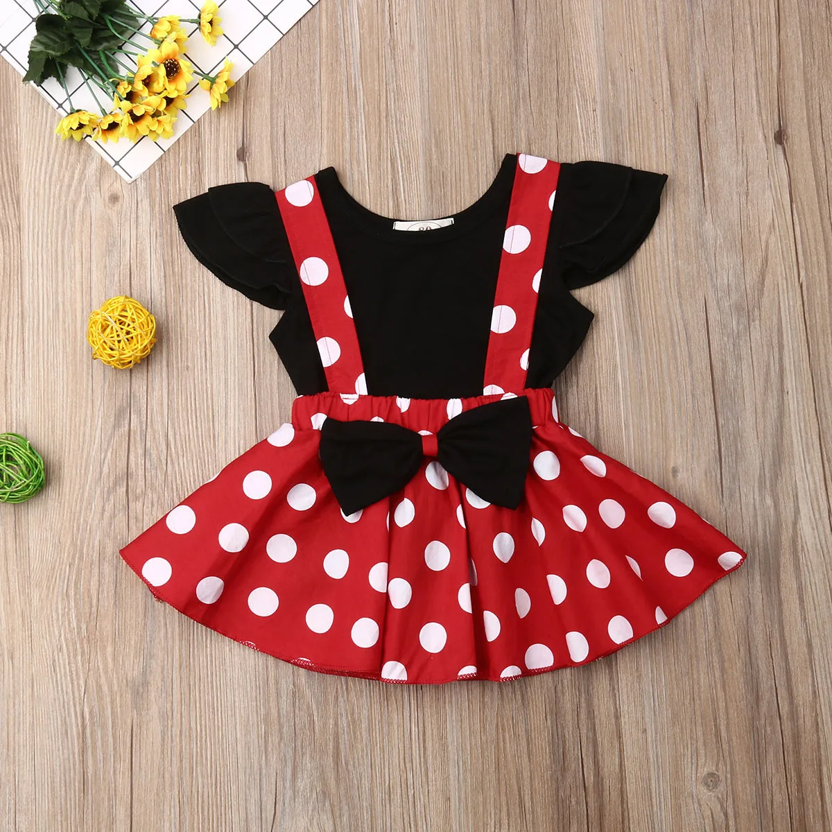 Baby Girl Cute Clothes Set Black T-Shirt Tees Tops Red Polka Dot Bow Strappy Skirt 6M-3T Toddler Kids Summer Casual Outfits