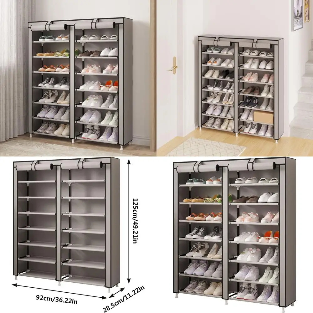 

Double Row Portable Fabric Shoe Rack Organizer, Holds 28 Pairs, 36.2 x 11.2 x 49.2, Grey