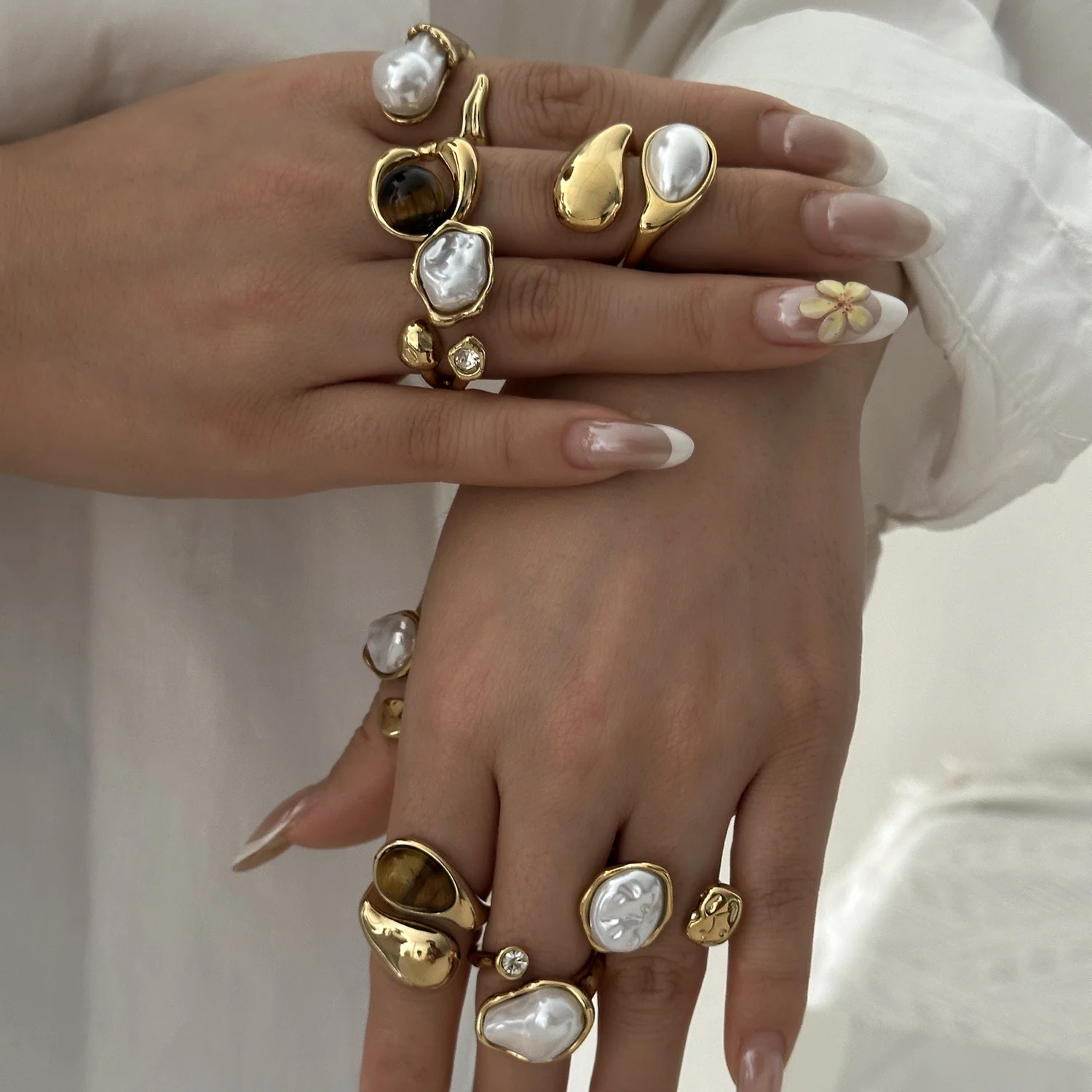 Vintage Naturstein Edelstahl-Ringe für Damen und Herren Trendige Vergoldete Hohle Geometrische Ringe Finger-Accessoires Schmuck – Detail 2
