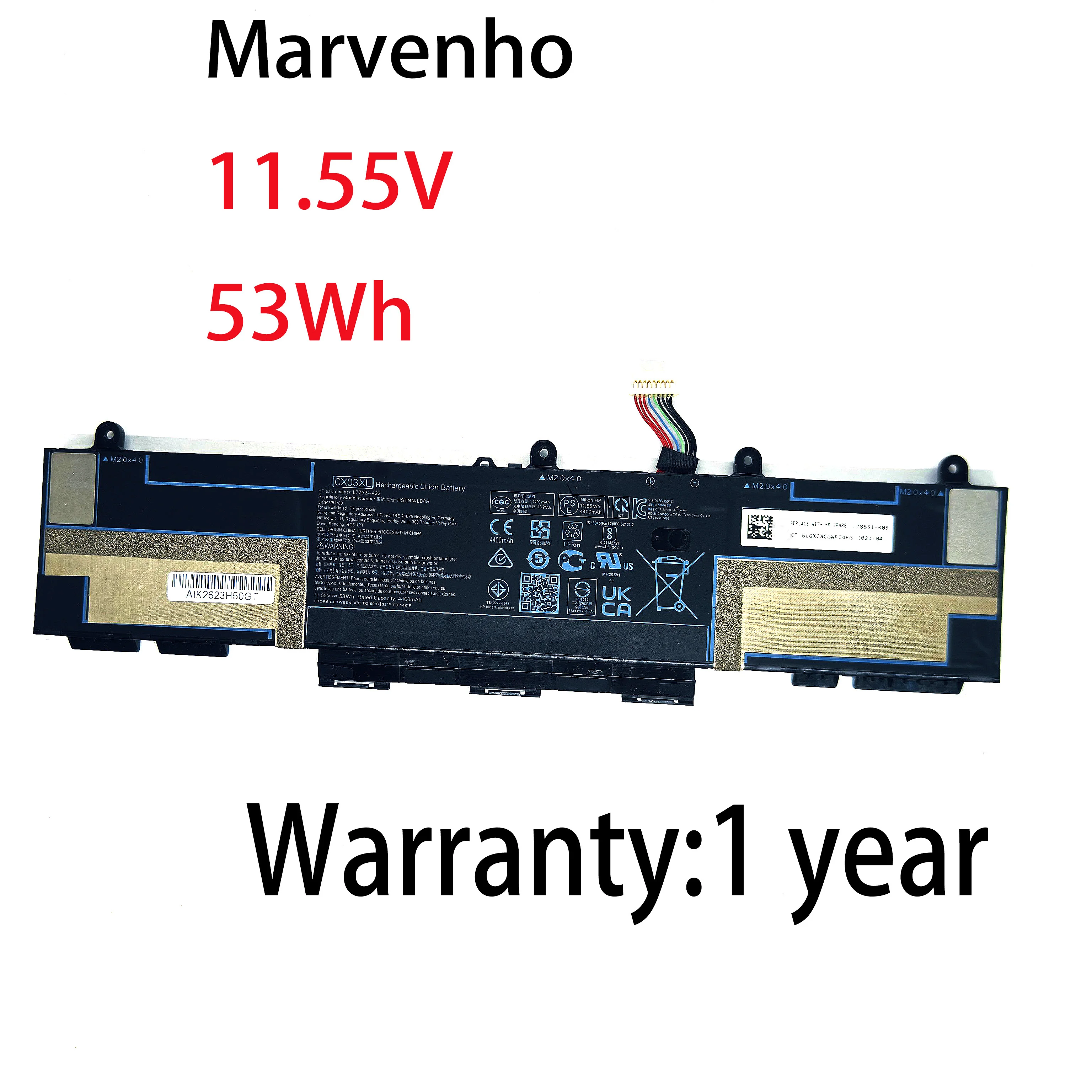 New Marvenho 53Wh  11.55V  4400mAh  CX03XL HSTNN-LB8R L77624-421 Replace Laptop Battery For HP EliteBook x360 830 G7 G8 Series