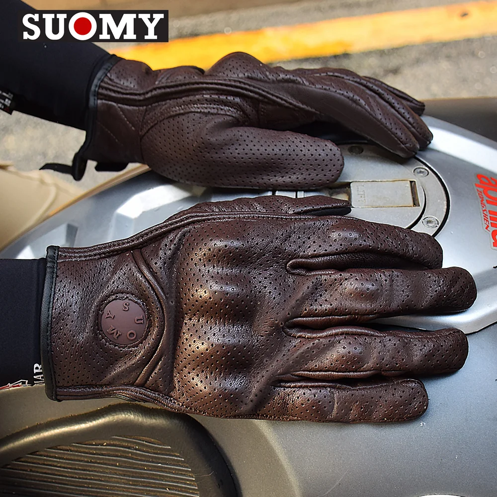 Summer Retro Leather Motorcycle Gloves Hole Breathable Motocross Gloves Joint Protection Anti-drop Motorbike Gloves Touchscreen