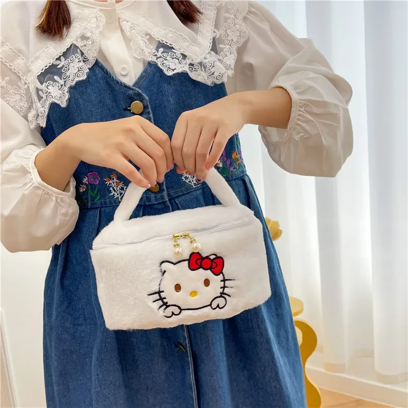 Sanrio Cartoon Plush Handbag Cute Plush Makeup Bag Kawaii Hello Kitty Bag for Women Christmas Birthday Gifts for Kids Girls