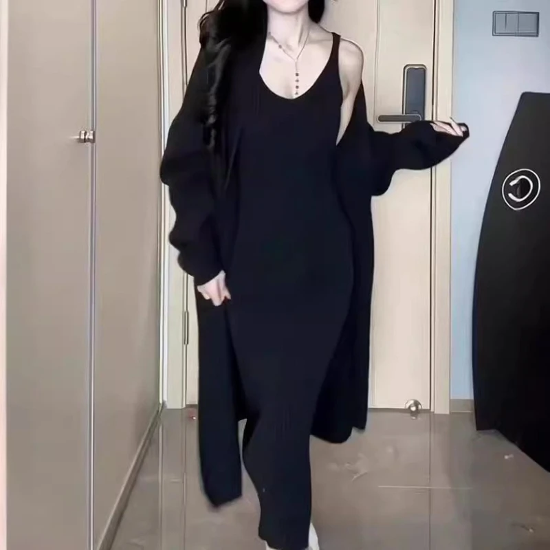 Mode Damen Zweiteilige Kleine Duftende Stil V-ausschnitt Kleid Dünne Gestrickte Anzug Lose Strickjacke Medium Elastische Temperament Anzug Fit
