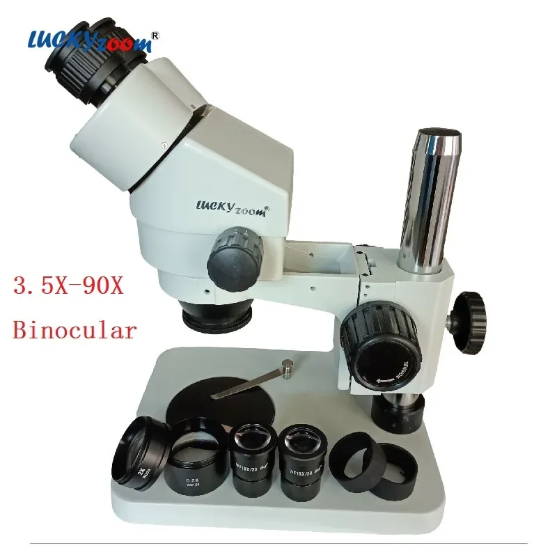 3.5X-90X Aluminum Binocular Microscope 0.5X 2.0X Auxiliary Barlow Len 10X Optical Glass Eyepieces 76MM Focusing Rack Square Base
