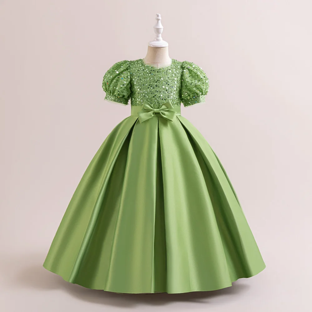 Sequin Elegant Kids Party Dresses For Girls Children Green Christmas Wedding Birthday Gown Bow Girl Princess Evening Dress 4-14Y