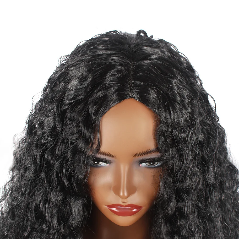 New African Wig Women's Fashionable Black Small Curly Hair With Water Ripple Corn Perm Center Split Bang Full Top Cover JF2088-2