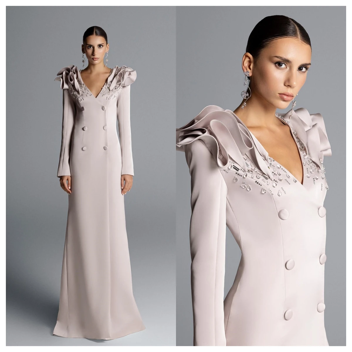 ที่กําหนดเองอารมณ์สีเทา JERSEY ชุดราตรี V คอแขนยาวคนดังชุดคริสตัล Vestido De Festa ปุ่ม