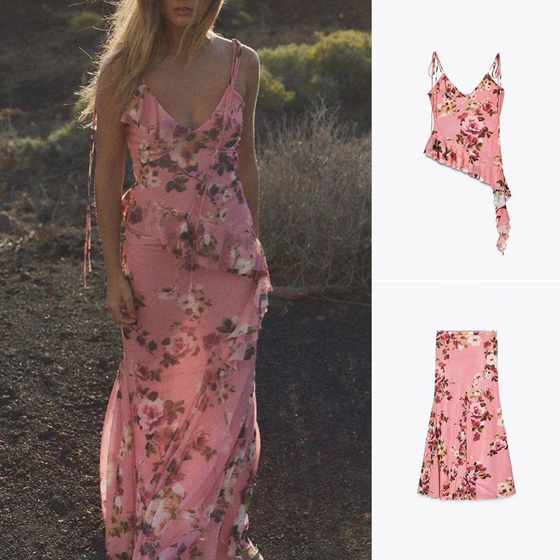 

Printed Silk Me Top with V-Ne And Svel High Waist Long Skirt Faion Set for Young Women Spring Season ort Pants