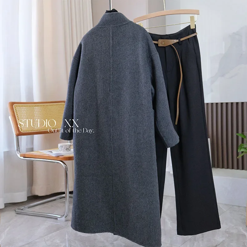 Korean blogger style! Penny-level double-sided wool, classic temperament gray silhouette medium long coat coat female winter