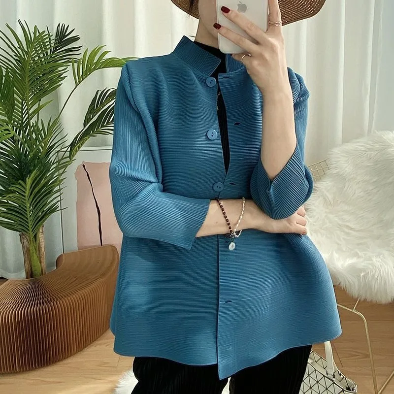 Wrinkled Small Cardigan Coat for Women Spring/Summer Temperament Loose Standing Collar Solid Versatile Slim Cardigan Female Top