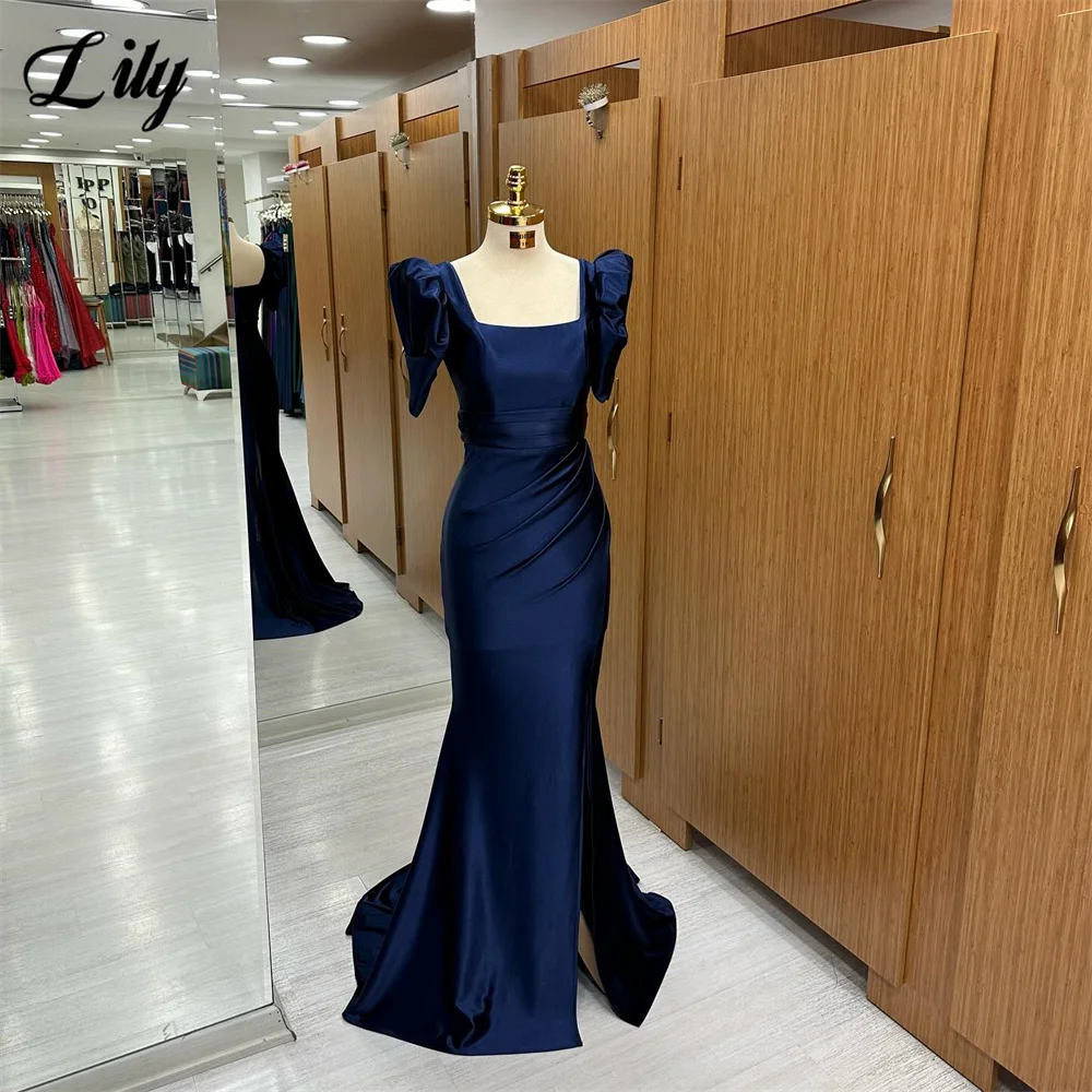 

Lily Navy Blue Evening Dress Square Neck Prom Dress Puff Sleeves Mermaid Long Party Dress Side Split Satin فساتين مناسبة رسمية