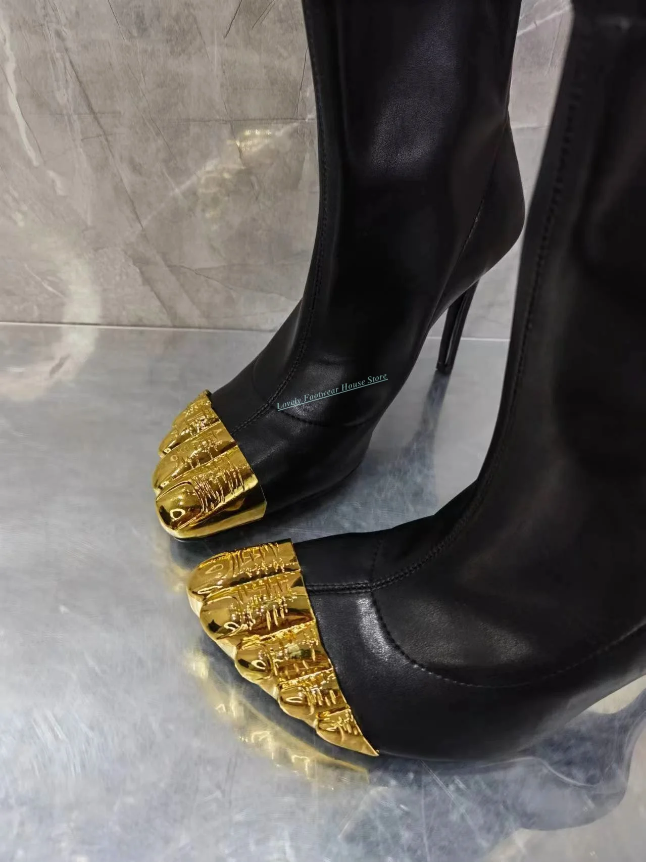 Sexy Gold Split Toe Black Leather Woman Mid-Calf Boots Stiletto High Heel Female Back Zipper Soft Leather Ankle High Top Boots