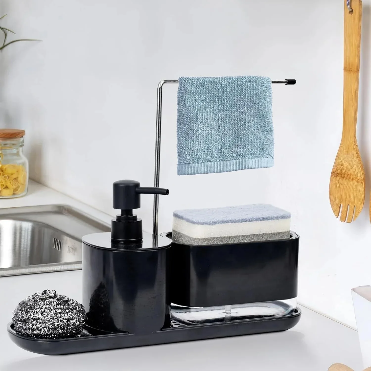 3-in-1 Dish Soap Dispenser Set Liquid Dispenser Plastic Washing Up Kitchen Set Non-scratch Brush Holder Sink Drain Tray
