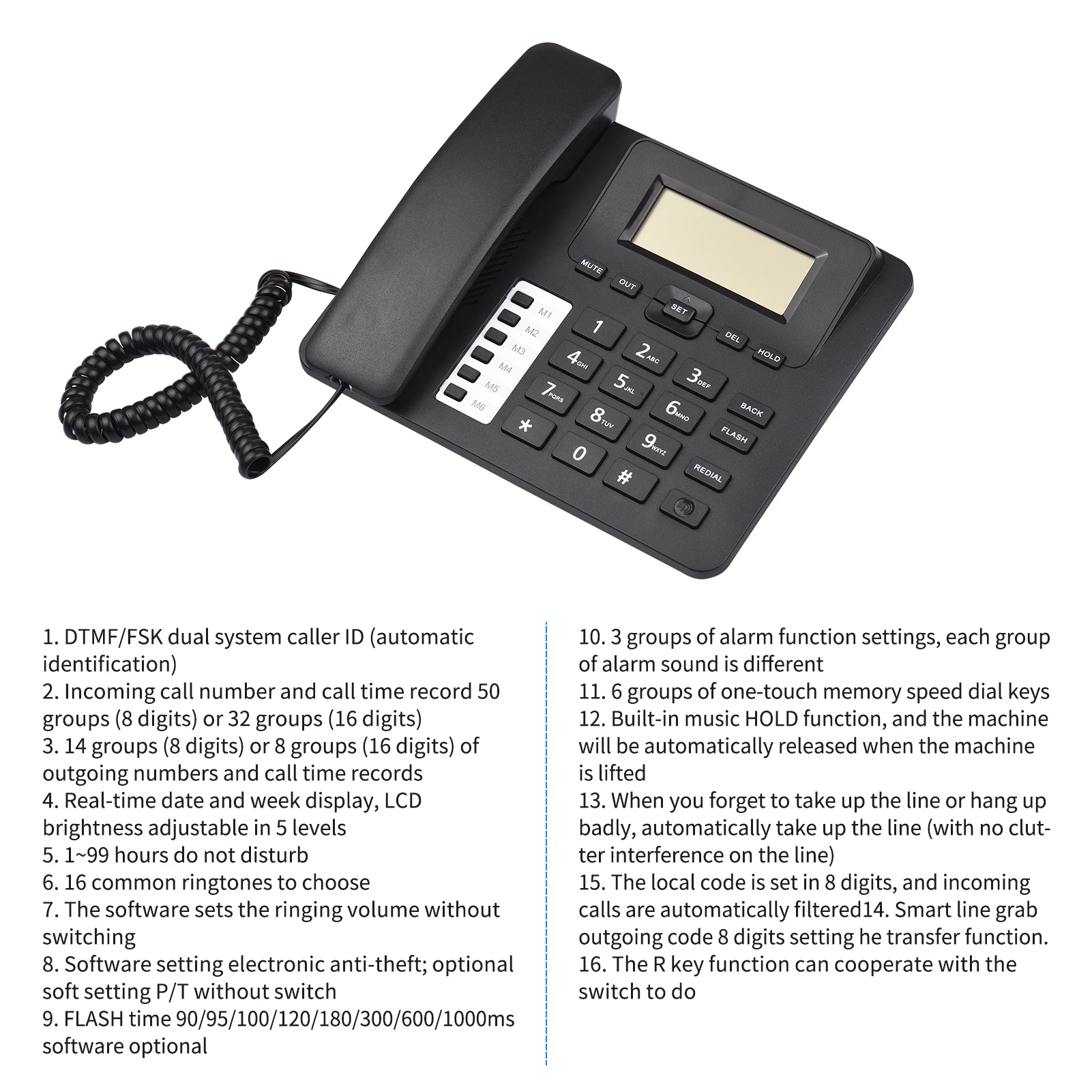 Black Corded Phone Desk Landline Phone Telephone DTMF/FSK Dual System Support Hands-Free/Redial/Flash/Speed Dial/Ring Volume