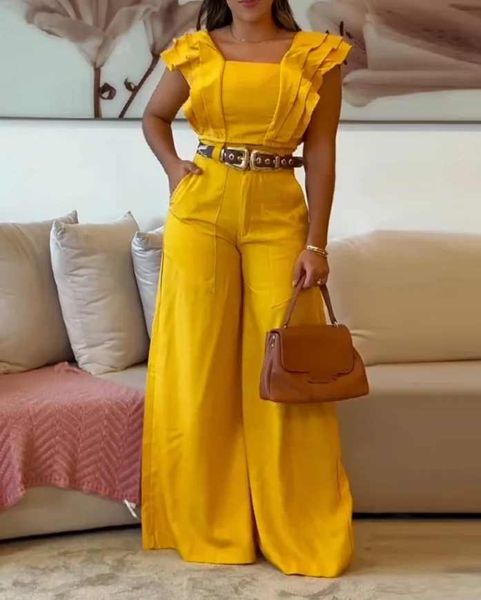 Women's 2 Piece Outfits Summer New Fashion Sqaure Neck Flutter Sleeve Shirred Top High Waist Wide Leg Pants Elegant Pants Set