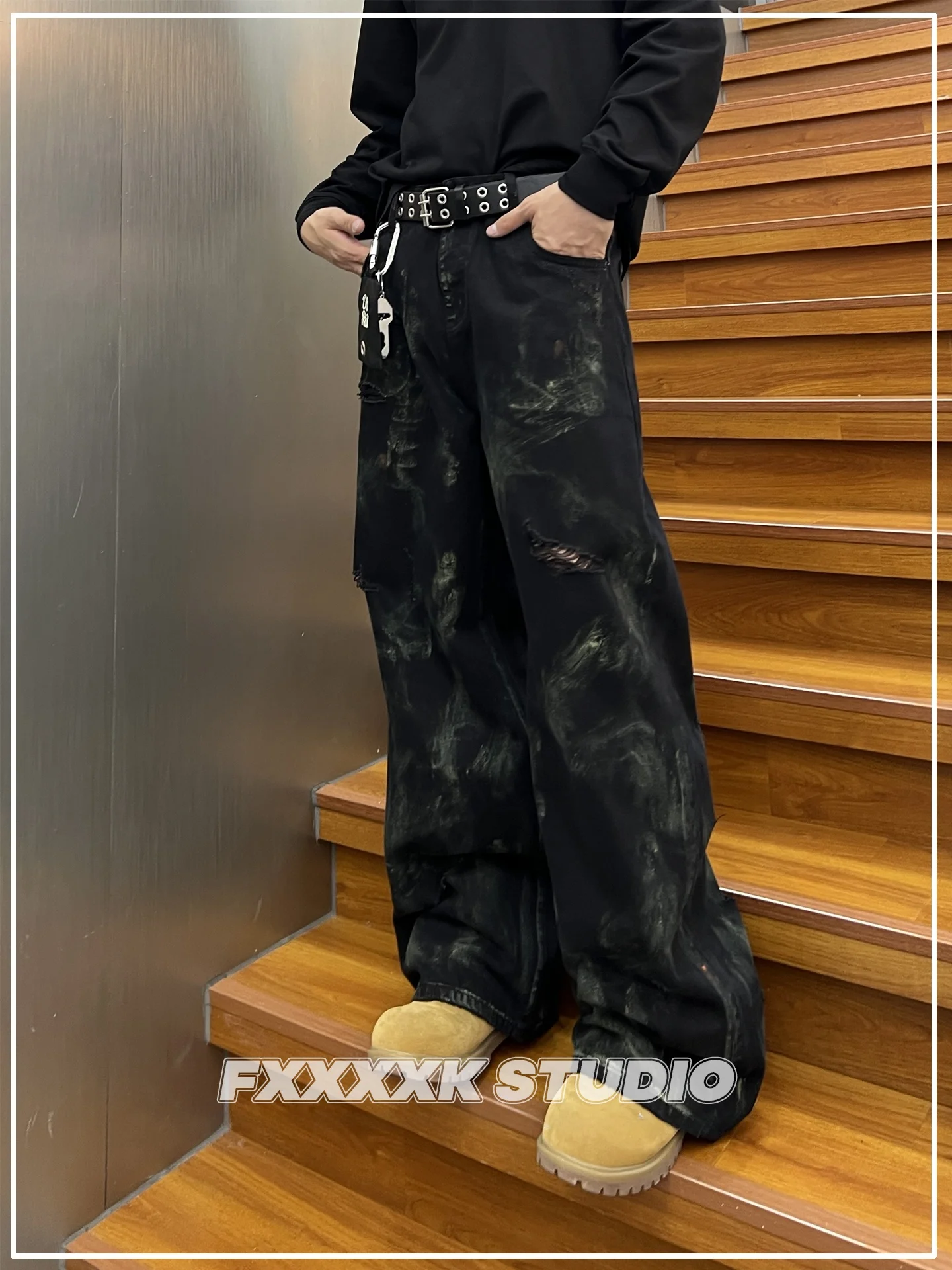 

FXK Original American Design Loose Straight Leg Jeans Men Women Casual Wide Leg Long Pants Torn Hole Distred Cotton Jeans