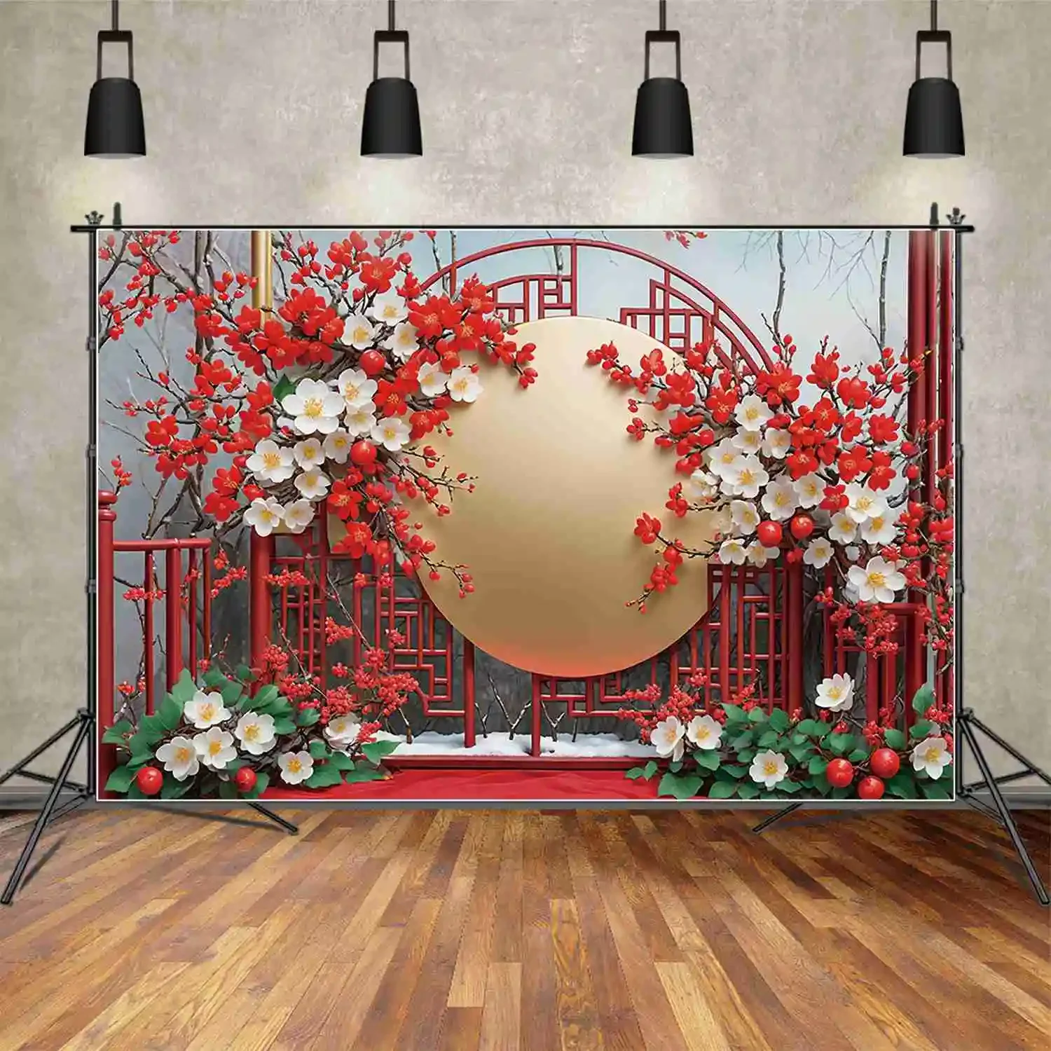 MOON.QG Red Chinese New Year Photography Backdrop Fan Plum Blossom Lantern Photozone Background Baby Studio Photozone Supplies