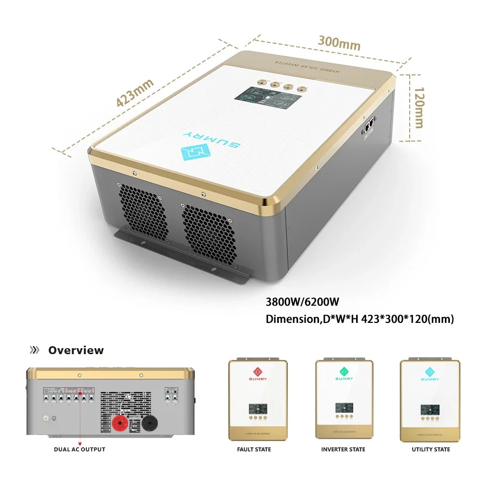 solar inverter 3.8KW Two communication Ports for BMS and WiFi Dual AC output available work with or without battery