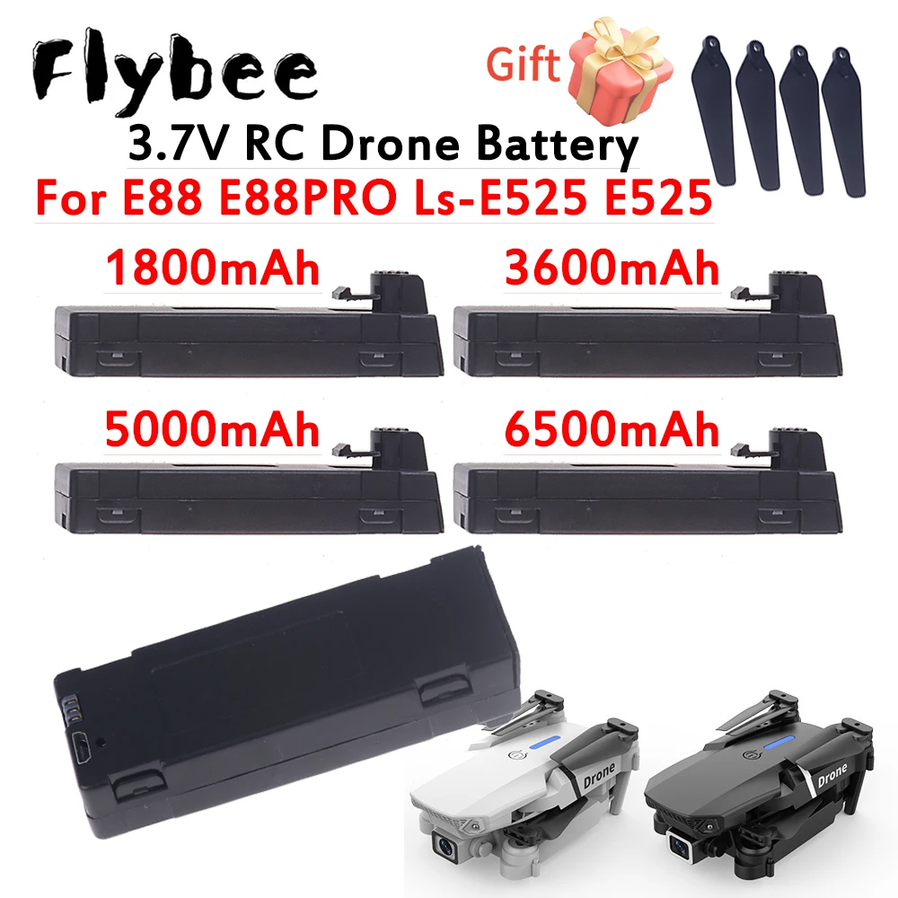 Batería Lipo de 3.7V 1800mah 2600mah 3600mah 5000mah 6500mah para Drones RC E88 E88PRO E99 E525 E100 S98 F185 F195, Repuestos para Quadcopter