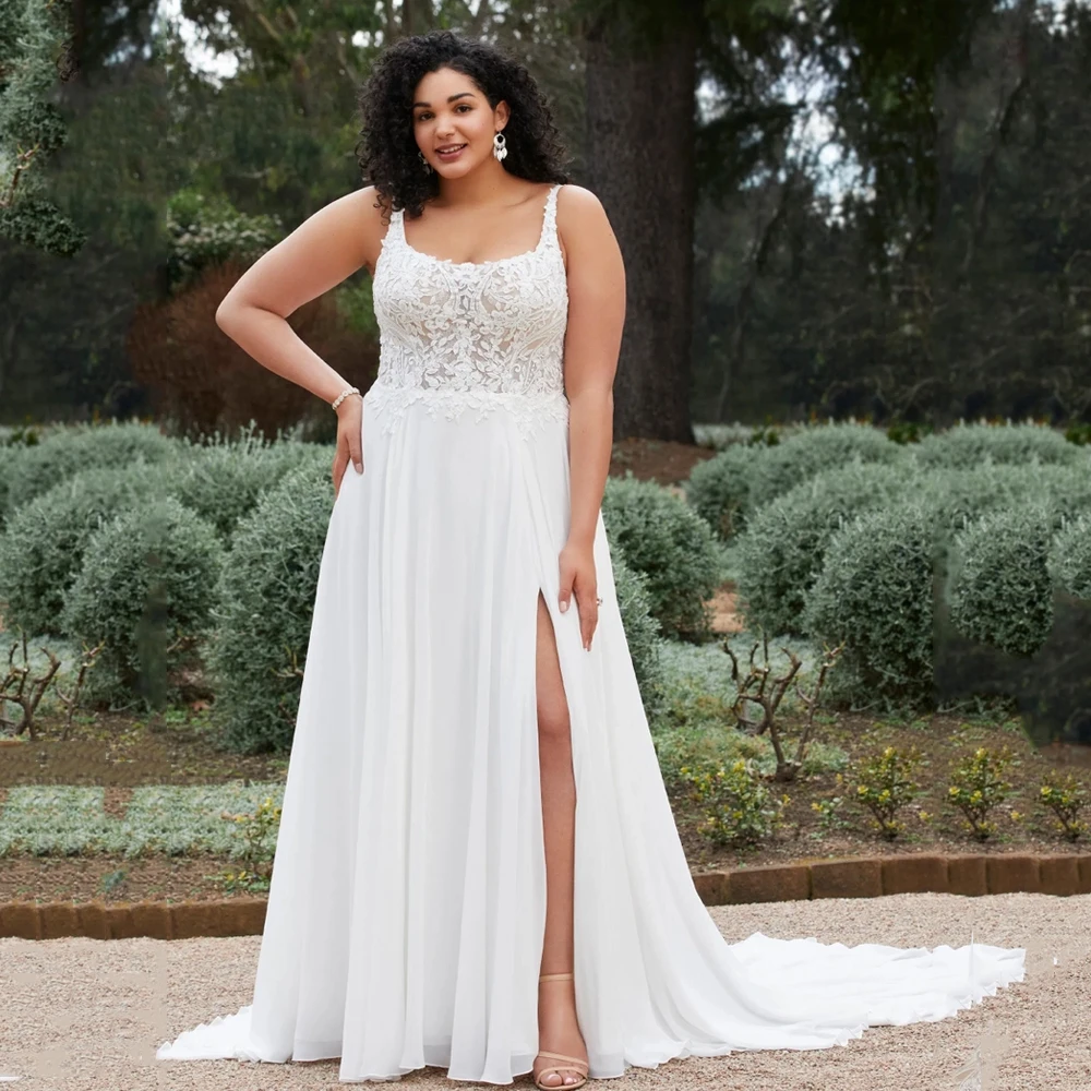 

Classic Chiffon Wedding Dresses Plus Size Jewel Neck Sleeveless Bride Gowns Applique Sweep Train Side Silt A-Line Robe De Mariee